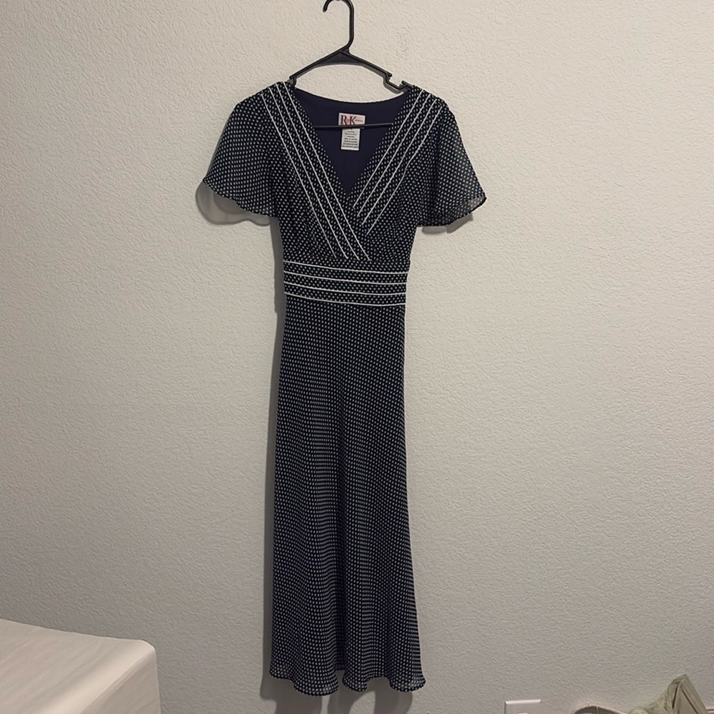R&K Navy Polka Dot Midi Dress with White Trim